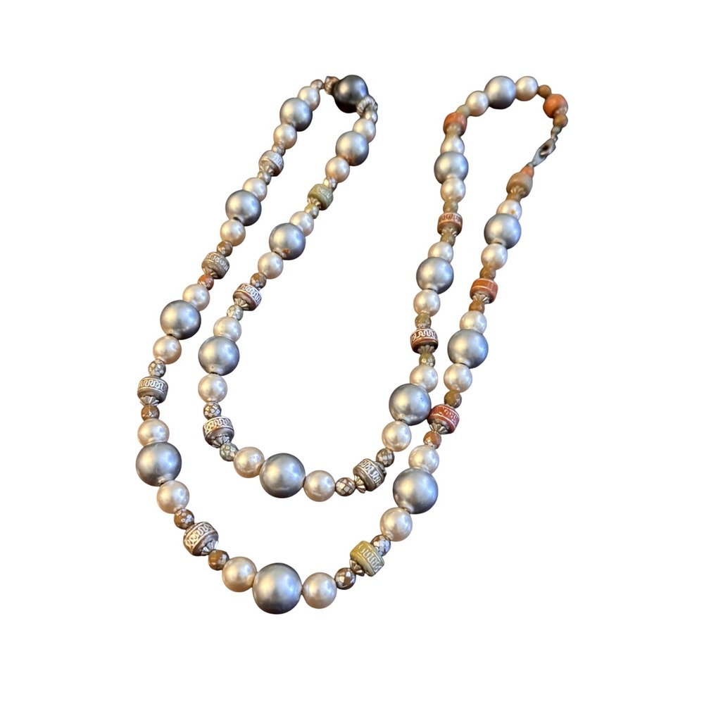 Vintage Style Multi Strand Faux Pearl Statement Necklace Grey Cream Orange OS